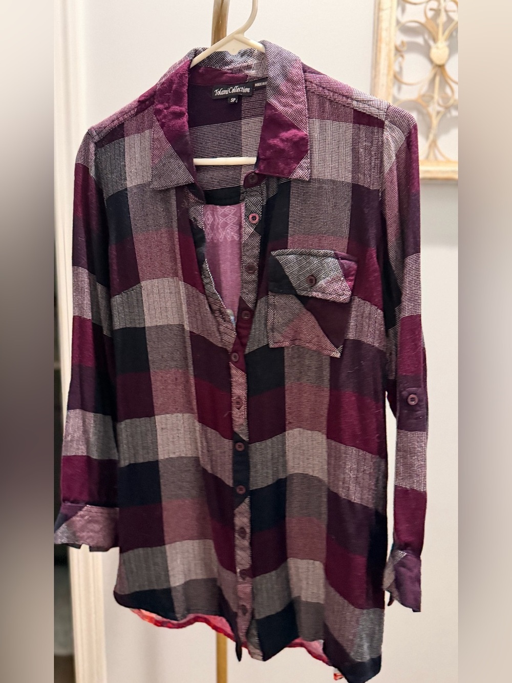 Tolani Burgundy and Charcoal Plaid Lightweight Button-Down